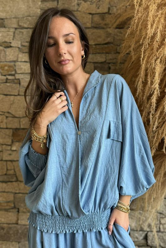 Basso Button Drape Batwing Shirt Denim /16=